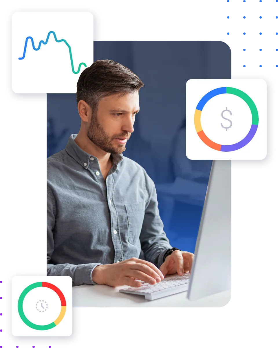 Fleet reporting software showing a manager reviewing cost, KPI, and downtime report cards