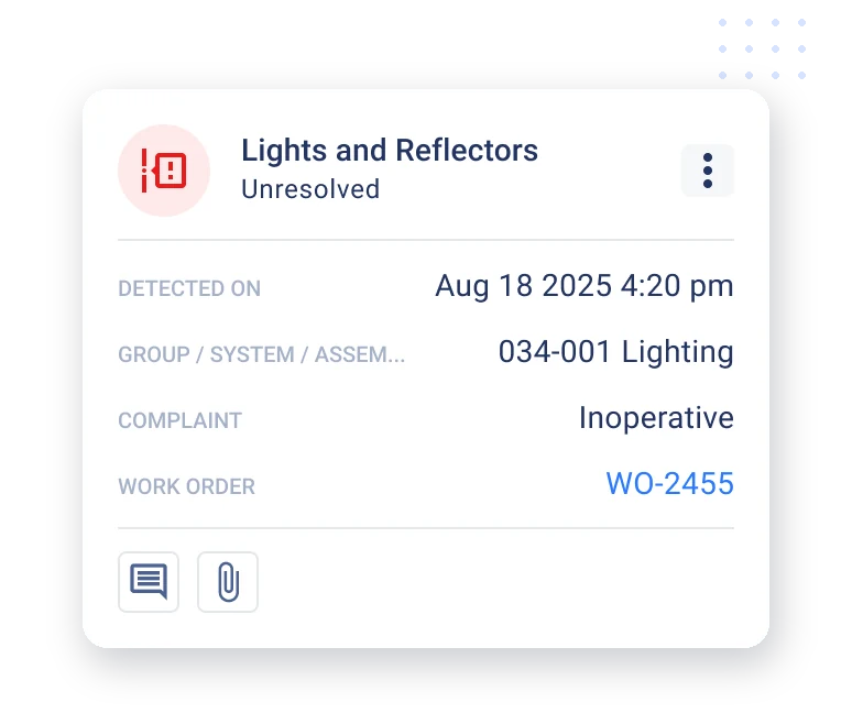 A DVIR defect for Lights and Reflectors linked to work order WO-2455 in Fleetpal