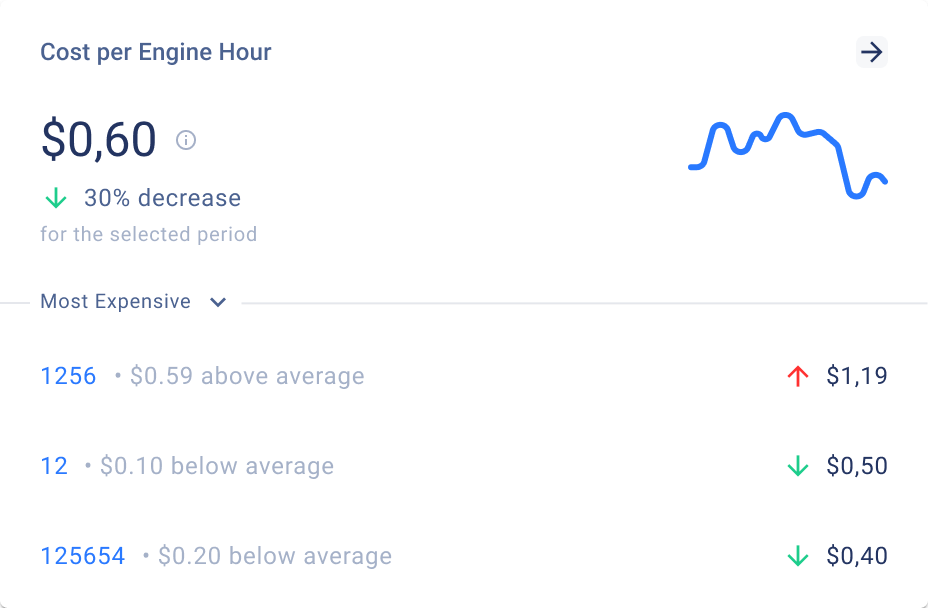 Fleet asset management software showing cost per engine hour with the most expensive units ranked