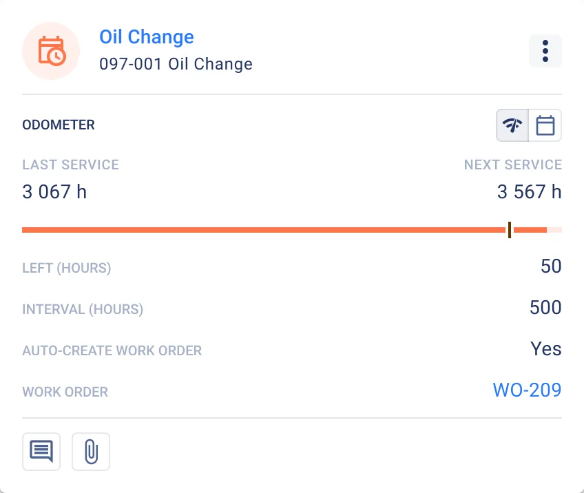 Fleet maintenance scheduling software showing an oil change PM interval scheduled by engine hours with an auto-created work order