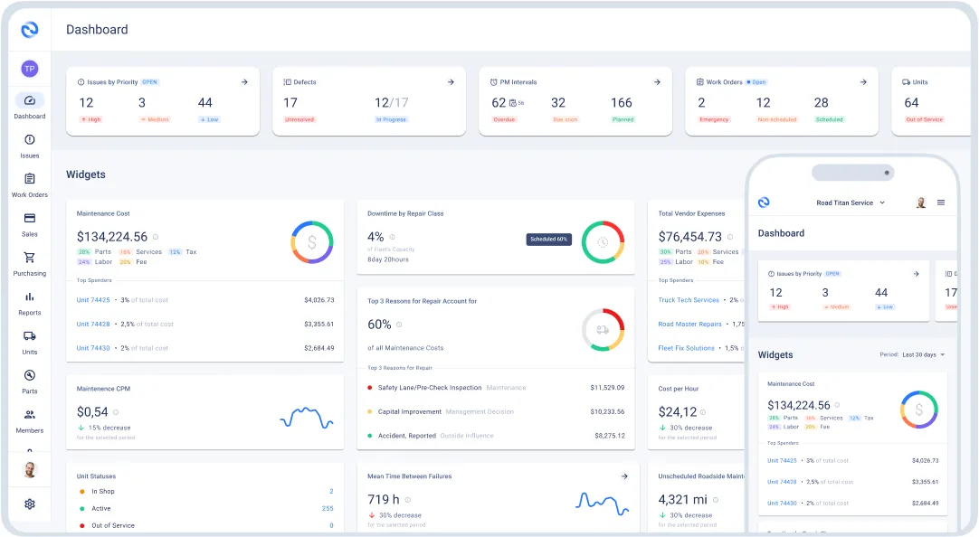 Fleetpal fleet maintenance software dashboard showing work orders, PM intervals, maintenance costs, and mobile app
