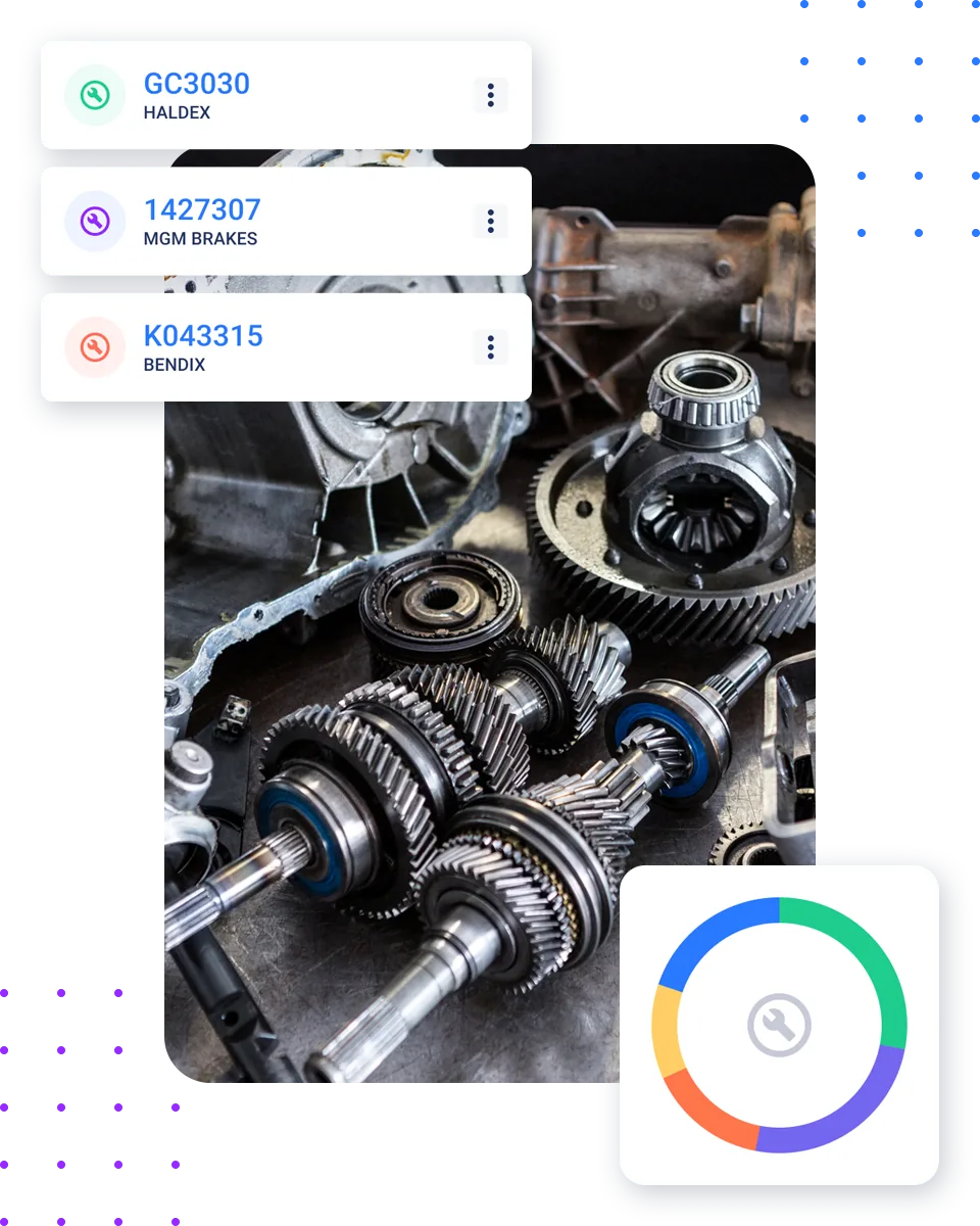 Fleet parts inventory management showing parts with supplier and stock cards over a workbench of components
