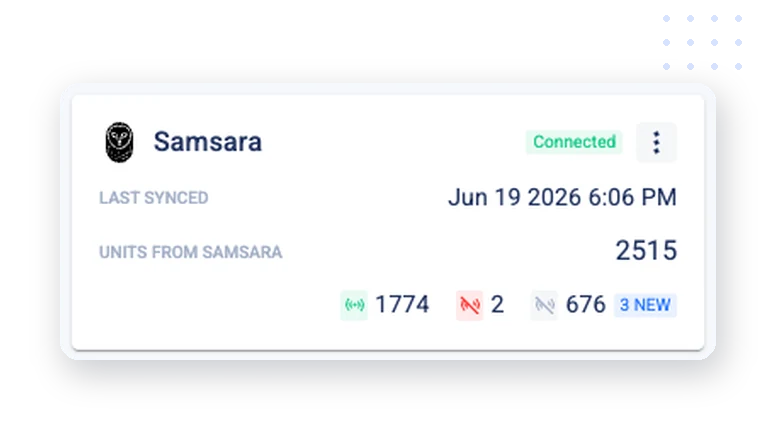 Fleetpal showing a connected Samsara telematics integration with 2,515 units synced