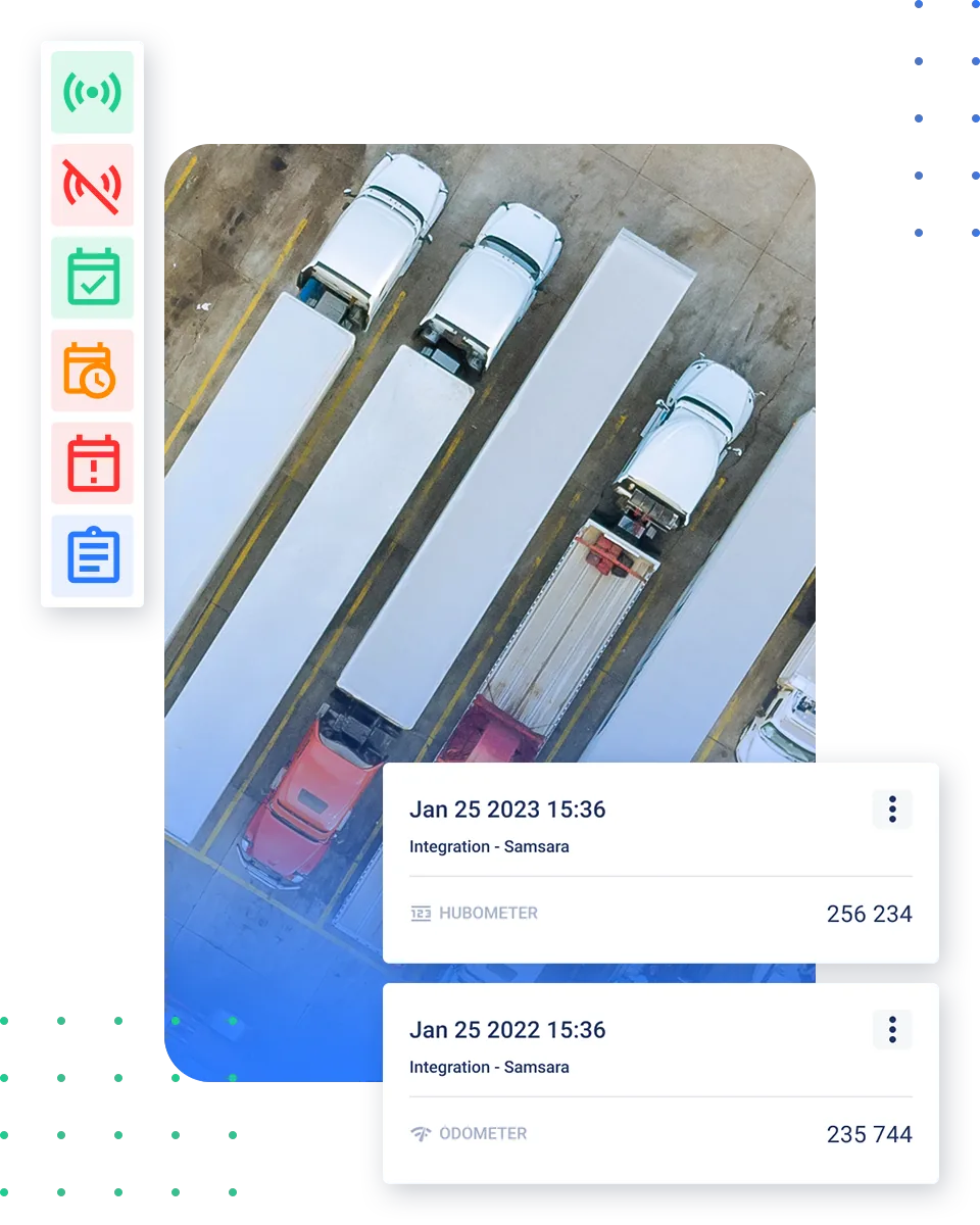 Truck fleet maintenance software beside a heavy-duty truck, with preventive maintenance and downtime cards