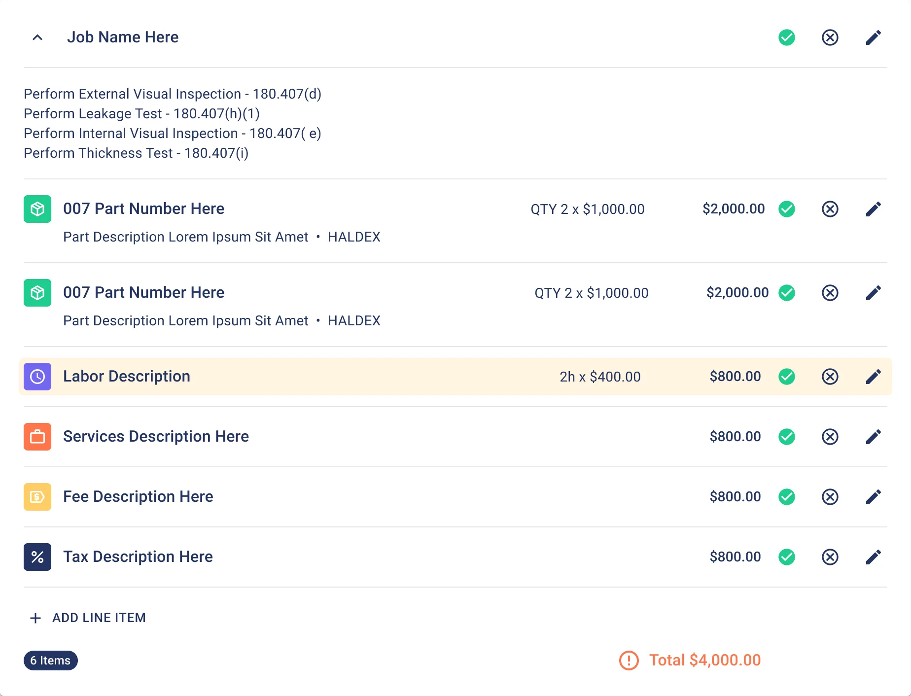 Waste fleet maintenance software showing a work order with parts, labor, services, fee, and tax line items totaling a job cost