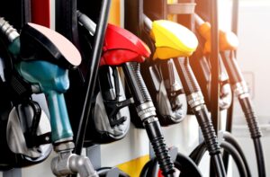 Fuel pumps at a fuel island at a truck stop, IFTA